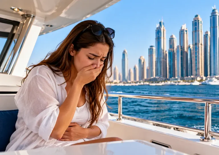 Passenger experiencing seasickness aboard a yacht in Dubai Marina.