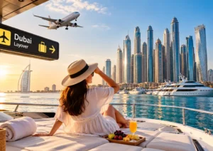 Luxury yacht cruise from Dubai Marina with Dubai skyline during a Dubai layover