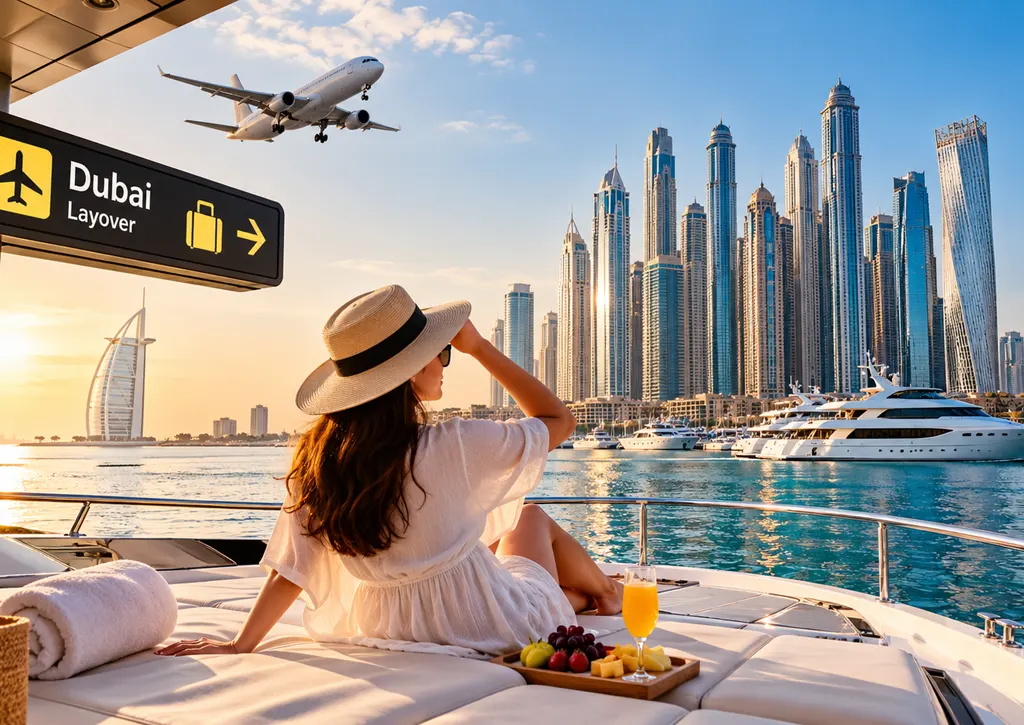 Luxury yacht cruise from Dubai Marina with Dubai skyline during a Dubai layover